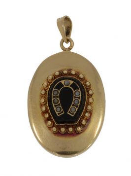 Antiek 14 karaats gouden onyx hoefijzer medaillon met parels 19e eeuw