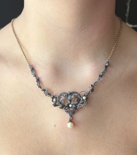 Antiek 14k gouden jasseron collier diamanten parel hanger exclusief