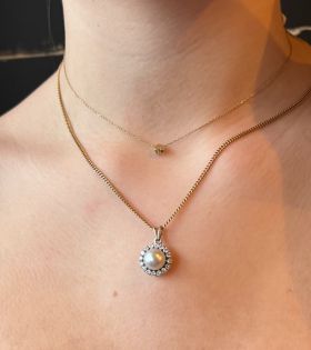 Handgemaakte 14 karaats witgouden hanger met een centrale parel van 9mm omlijst door een rozet van 16 briljant geslepen diamanten(0,48ct totaal, SI/F-H). Lengte van de hanger inclusief hangoogje is 20mm, doorsnee rozet 14mm, hoogte 11mm, solide uitvoering