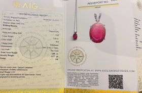 14 karaats witgouden hanger aan fijn 14 karaats witgouden collier. De hanger met een natuurlijke robijn van 2,60ct, conform meegeleverd AIG report. Lengte ketting 40cm, ragfijne schakel van 1mm breed, gewicht 2 gram. Conditie nieuwstaat, gestempeld met he