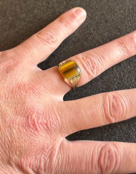 Tijgeroog 14 karaats gouden heren zegel ring vintage