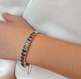 Groene saffier Korund antieke 18 karaats wit gouden vintage dames armband slavenarmband bangle bewerkte schakel handgemaakt dames juweel