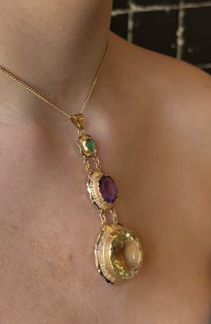 Amethist Smaragd Citrien exclusieve 14k gouden grote ketting hanger luxe
