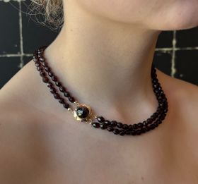 Granaten 2-strengs vintage ketting 14 karaats gouden slot