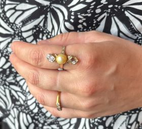 Antieke 14k gouden parel ring met aquamarijn edelsteen fraai