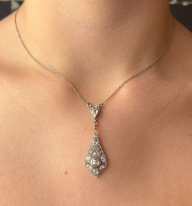 Art Deco hanger 14k witgouden anker schakel collier grote roos diamanten