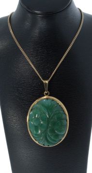 Jade Nefriet grote 14k gouden ketting hanger handgesneden bloem motief