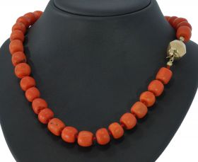 Exclusieve bloedkoraal kaasjes tonnetjes ketting 10/11mm 14k slot goud antiek
