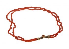 Bloedkoraal antieke 2-strengs meisjes kinder ketting 14k gouden slot
