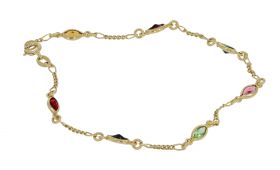 14 karaats gouden fantasie schakel armband met diverse kleurstenen waaronder amethist en citrien. Draaglengte van dit sieraad is 19cm, verfijnd gemaakt juweel, gewicht 2,30 gram. Gestempeld met het 585 goudmerk Hollands gekeurd eikenblaadje, conditie fraa
