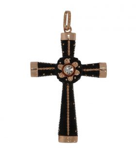 Bewerkte kruis ketting hanger met 14 karaats gouden monturen