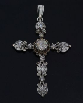 Antieke zilveren kruis ketting hanger 11 roosgeslepen diamanten
