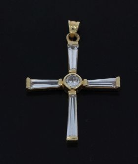 Fraaie 14k gouden kruishanger met baquette geslepen zirkonia