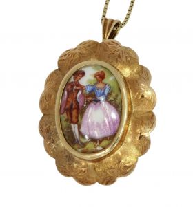 Limoges Frankrijk porselein plaguette 14 karaats gouden ketting hanger broche