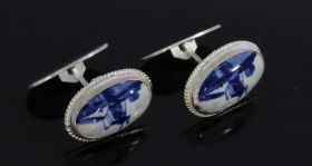 Zilveren set Vintage manchetknopen met Delftsblauwe plaquette
