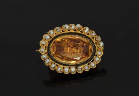 Natuurlijke parel broche 14k goud citrien ca. 1840 antiek