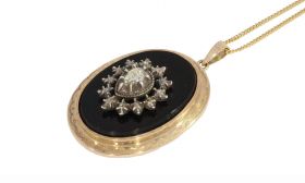 Onyx roosdiamanten antieke 14k gouden ketting hanger bloem