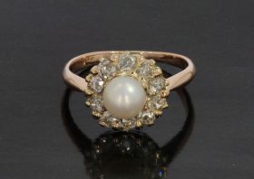 Fraai antieke 14k gouden ring 10 grote oudslijpsel diamanten en parel