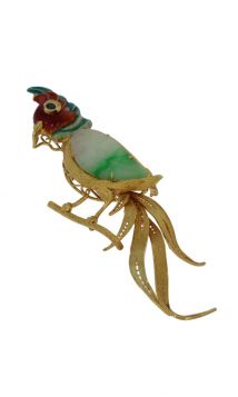 Handgemaakt papegaai broche goud jade lijfje emaille kopje saffier oogje