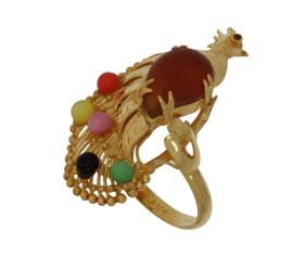 20 karaats gouden design ring paradijs vogel kleurstenen