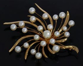 Fraaie en grote 14 karaats gouden design broche met parels