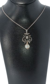 Roosdiamant parel antieke hanger zilveren gourmet ketting 45cm