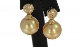 14 karaats gouden set dames oorbellen met een goudgele cultive parel van 10mm en een rozet van 7 briljant geslepen diamantjes per steker. Draaglengte van dit juweel is 20mm, gewicht 5,50 gram, conditie uitmuntend. Gestempeld met het 585 goudmerk, Hollands