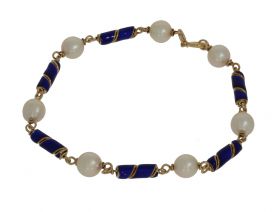 vintage gouden dames armband blauwe emaille en parels