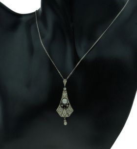 14k gouden Art Deco diamanten parel hanger zilveren collier