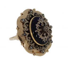 Zeldzame 14k gouden ring met roosdiamanten applique op blauw glas