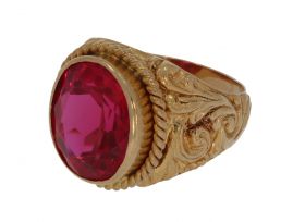 Fraaie 18 karaats gouden Vintage heren ring met synthetische robijn