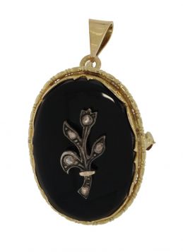 Antieke 14k gouden onyx hanger met roosdiamanten bloem