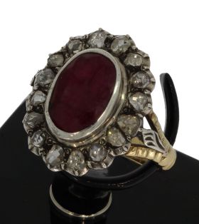 Robijn antieke roosdiamanten 14k gouden entourage ring handgemaakt