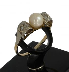 Roosdiamanten zoetwaterparel retro dames ring 14 karaats goud bicolor