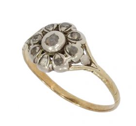 Rozet ring 14k 9 roosgeslepen diamanten antiek 19e eeuws gouden sieraad