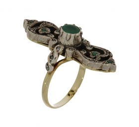 Gouden met zilveren antieke ring smaragd en roosdiamanten