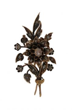 Fraai antieke 14k gouden bloem takbroche met roosdiamanten