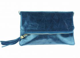 Leren schoudertasje - clutch met lichtglanzende coating - blauw