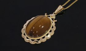 Tijgeroog edelsteen 14k gouden ketting hanger groot
