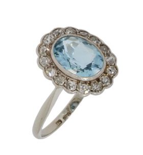 Art Deco diamanten blauwe topaas 18k gouden platina ring fraai