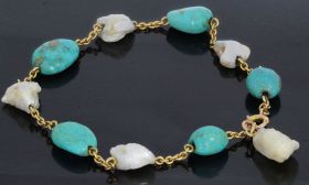Barok parel met turkoois edelsteen kralen armband 14 karaats gouden anker schakel design handgemaakt sieraad