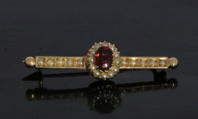 Blisterparels granaat 14k gouden vintage staafbroche