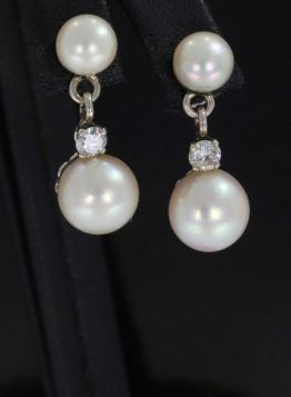 Witgouden set 14k antieke parel oorbellen grote diamanten 0,36ct