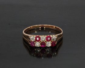 Rosegouden antieke dames ring 5 diamanten 5 robijnen