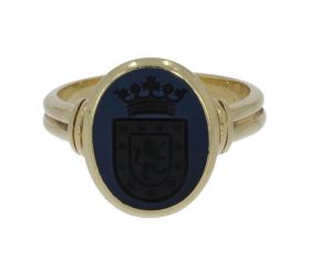 14 karaats gouden Vintage zegelring familiewapen blauwe lagensteen