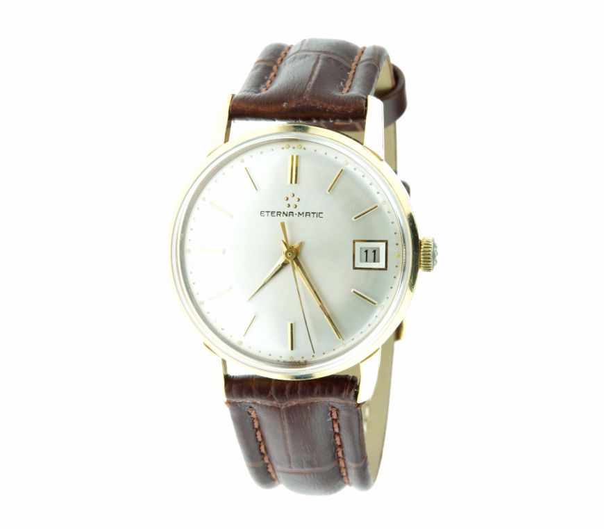 17-081.4 Gouden Eterna Matic herenhorloge met bruin lederen band