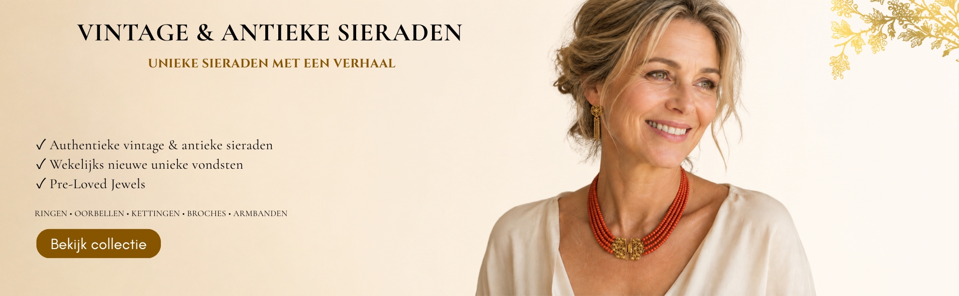 Banner van de Homepagina van Voordeelsieraden.nl. Een webshop met een grote collectie vintage en antieke sieraden met verschillende edelstenen waaronder bloedkoraal, granaten, diamanten en parels.
