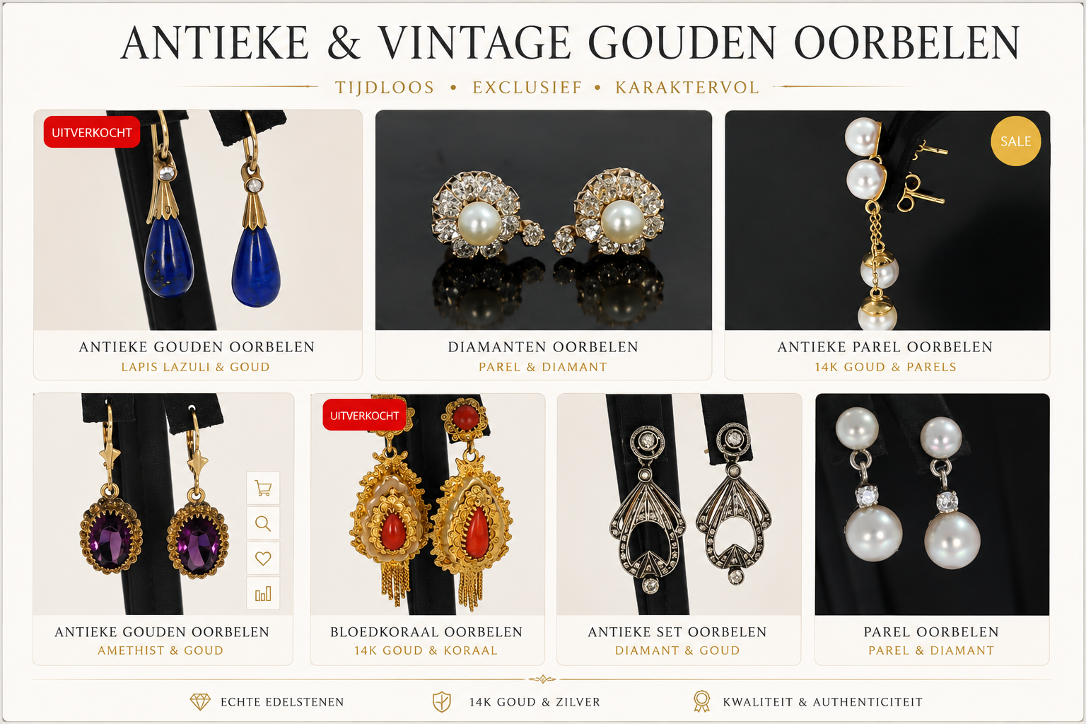 Gouden oorbellen met verschillende edelstenen zoals bloedkoraal en Amethist